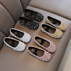 Girl's Princess Shoes Glitter Luxury Party Shallow Children Ballet Flats 21-36 Elastic Band Four Colors Beautiful Kids Shoes