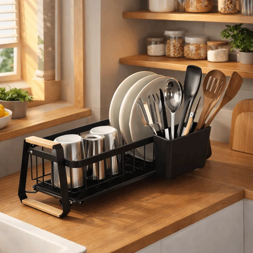 

Разборная кухонная сушилка для посуды большой вместимости с деревянной ручкой, металлическим каркасом, держателями для столовых приборов и чашек, для автодомов