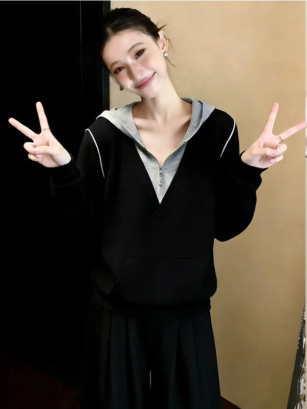 

Black Hoodie Women's Fashion Slimming Top Color Block Casual Style Spring New Arrival Versatile Hooded Sweatshirt Elegant