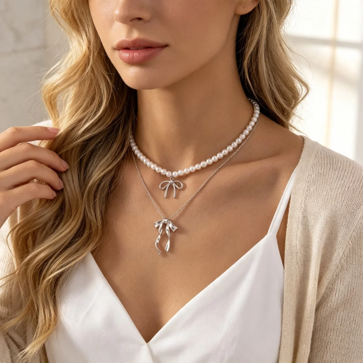 Süßer, cooler Stil Metallband-Schleife mit simulierten Perlenkette für Frauen, zierliche elegante Twist-Schleife Choker, ästhetischer Schmuck – Detail 13