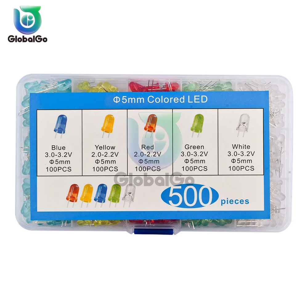 500pcs/lot 5mm LED Diode Assorted Kit Red Yellow Blue Green White DIY led lights Diodes electronic kit