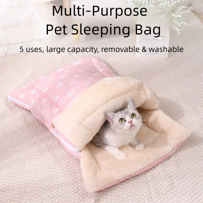 

Winter Warm Cat Sleeping Bag Plush Fleece Lined Pet Bed Detachable Washable Pad for Indoor Cats Small Dogs All Seasons