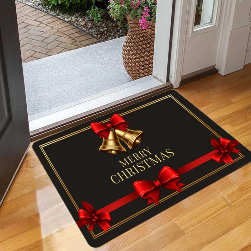 Merry Christmas Bell Doormat Black Gold Festive Print Non Slip Entry Rug For Front Porch And Holiday Winter Decor