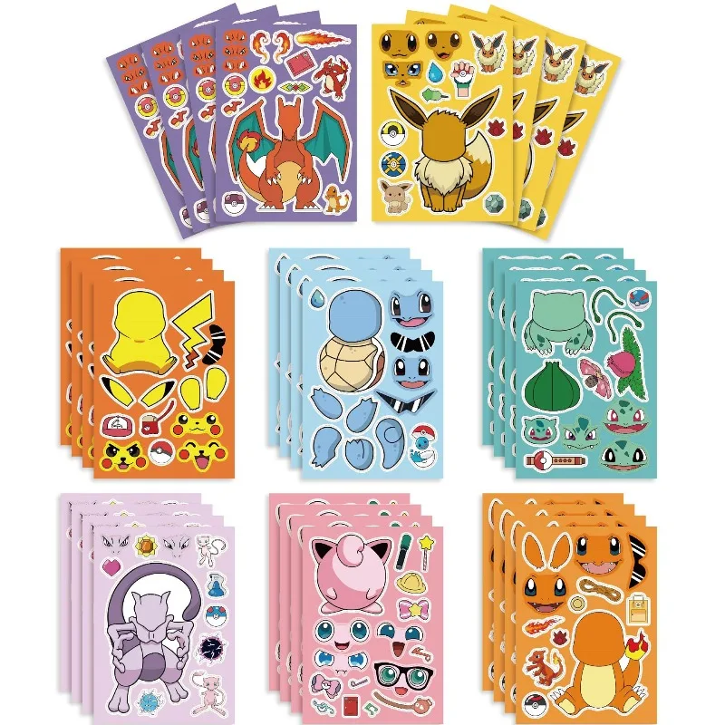 

16 Sheets Cute Children DIY Puzzle Sticker Pokemon Face Funny Anime Pikachu Assemble Stickers Kids Toys Boys Girls Gifts