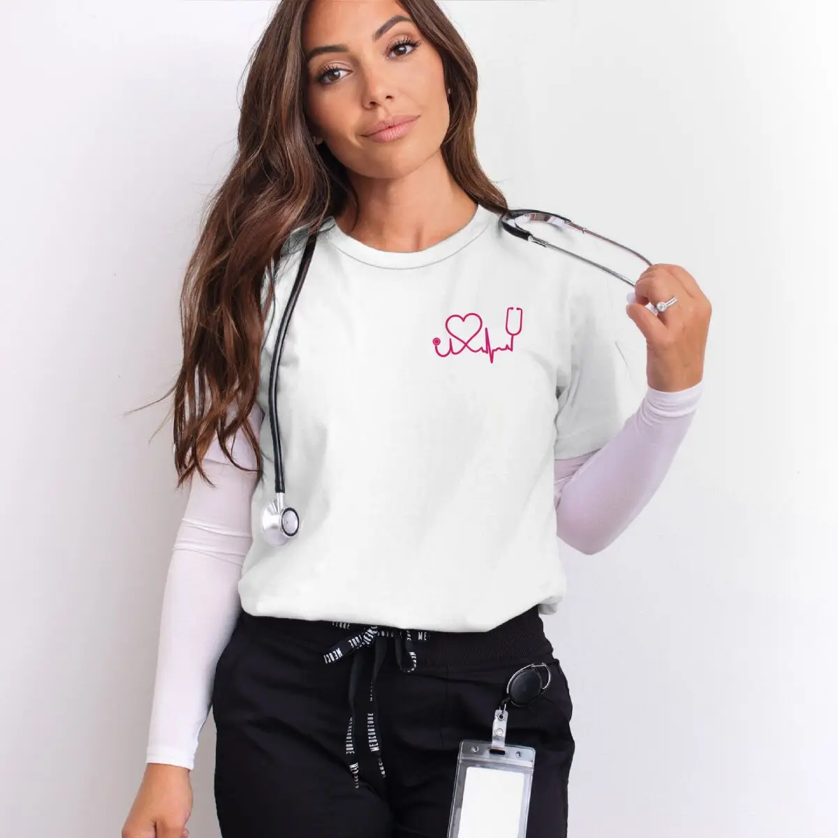 Women's Pink Stethoscope Heartbeat Graphic T Shirt Casual Crew Neck Short Sleeve Nurse Streetwear Vintage Medical Personnel Gift
