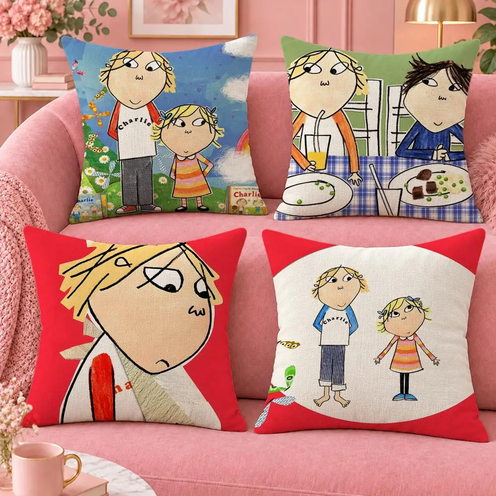 Cartoon Kids Charlie and Lola Cushion Cover Cute Cartoon Throw Pillow Cover Soft Plush Cushion Cover Sofa Bedroom Home Decor