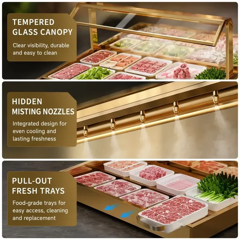 Commercial Gold Titanium Fresh Meat Display Ice Table with Spray Function and Tempered Glass Partition for Hotel Buffet