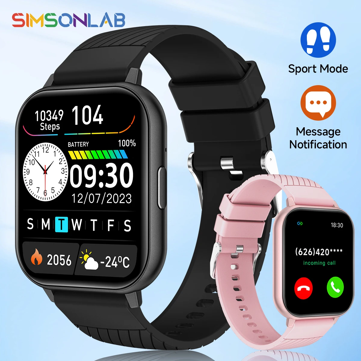 SIMSONLAB 1.83 بوصة HD شاشة كبيرة ساعة ذكية بلوتوث مكالمة مراقبة النوم ممارسة تشغيل الموسيقى للرجال والنساء