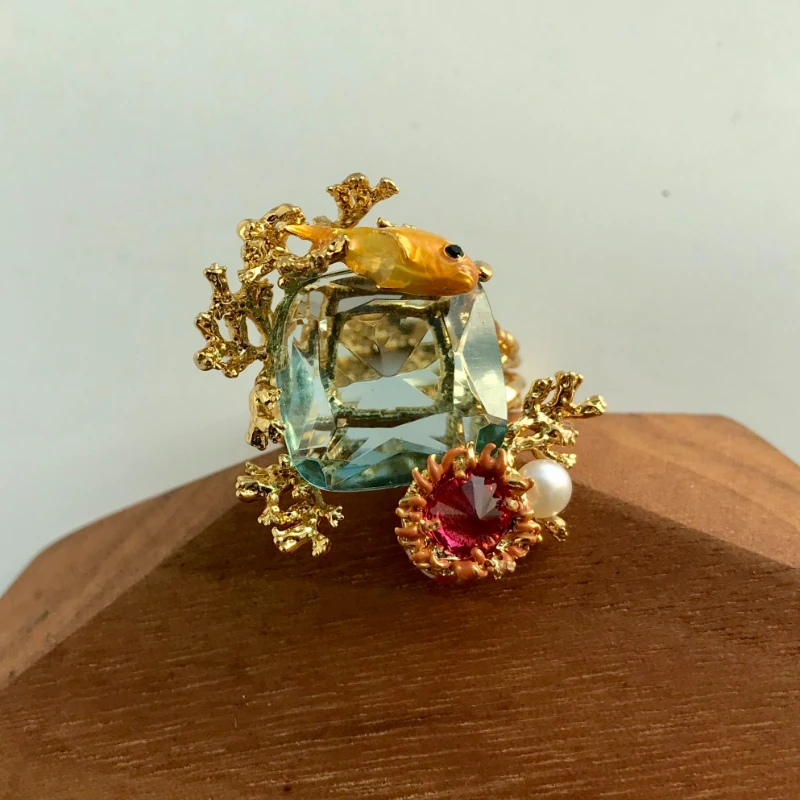 

New French Design Handdraw Enamel Glaze Marine Series Goldfish Square Blue Glass Pearl Metal Coral Cute Finger Ring Beautiful