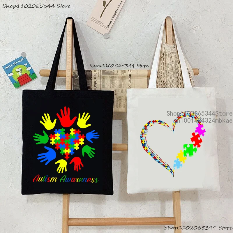 Heart Autism Jigsaw Puzzle Graphics Women's Shoulder Handbags Fashion Vintage Autism Series Shopping Bags Teen Canvas Tote Bags