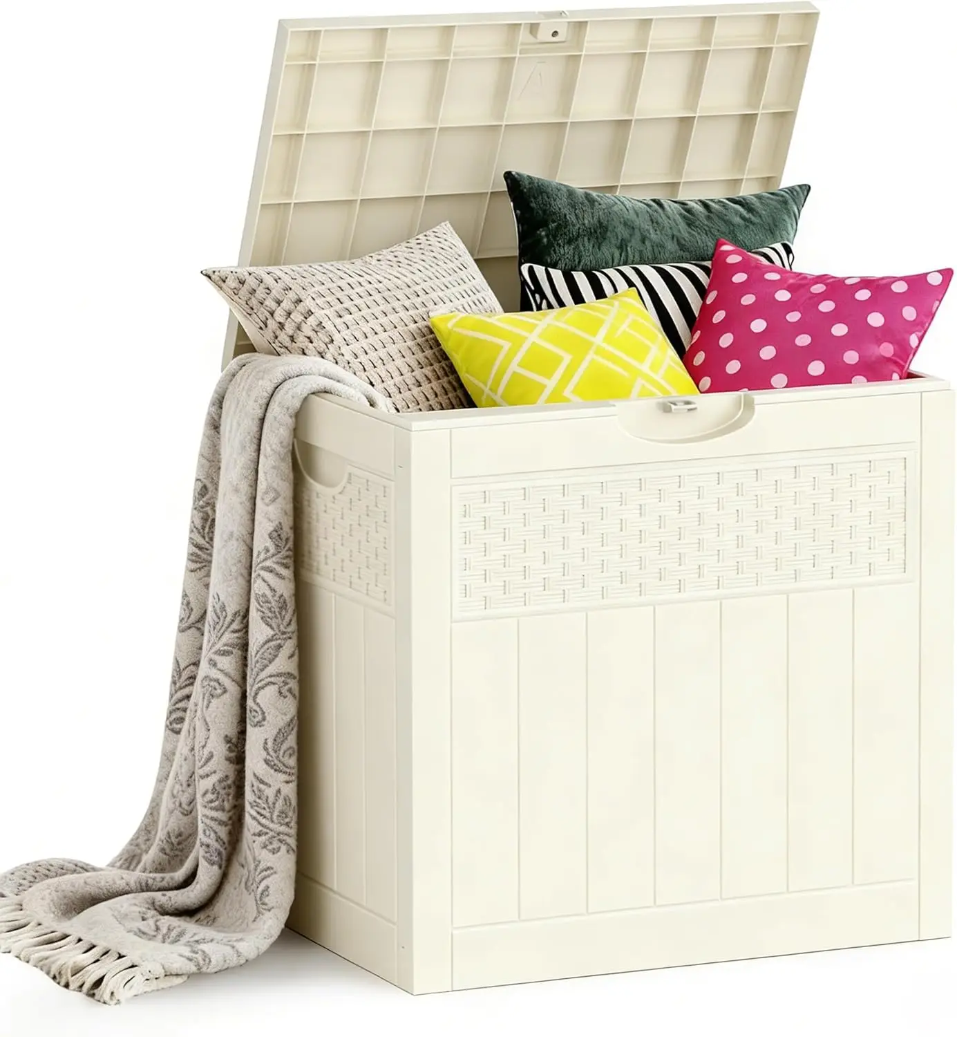 

Всепогодный садовый ящик из полимерной смолы на 33 галлона, запираемый, для хранения на открытом воздухе, для патио, сада, инструментов, подушек, аксессуаров, белый