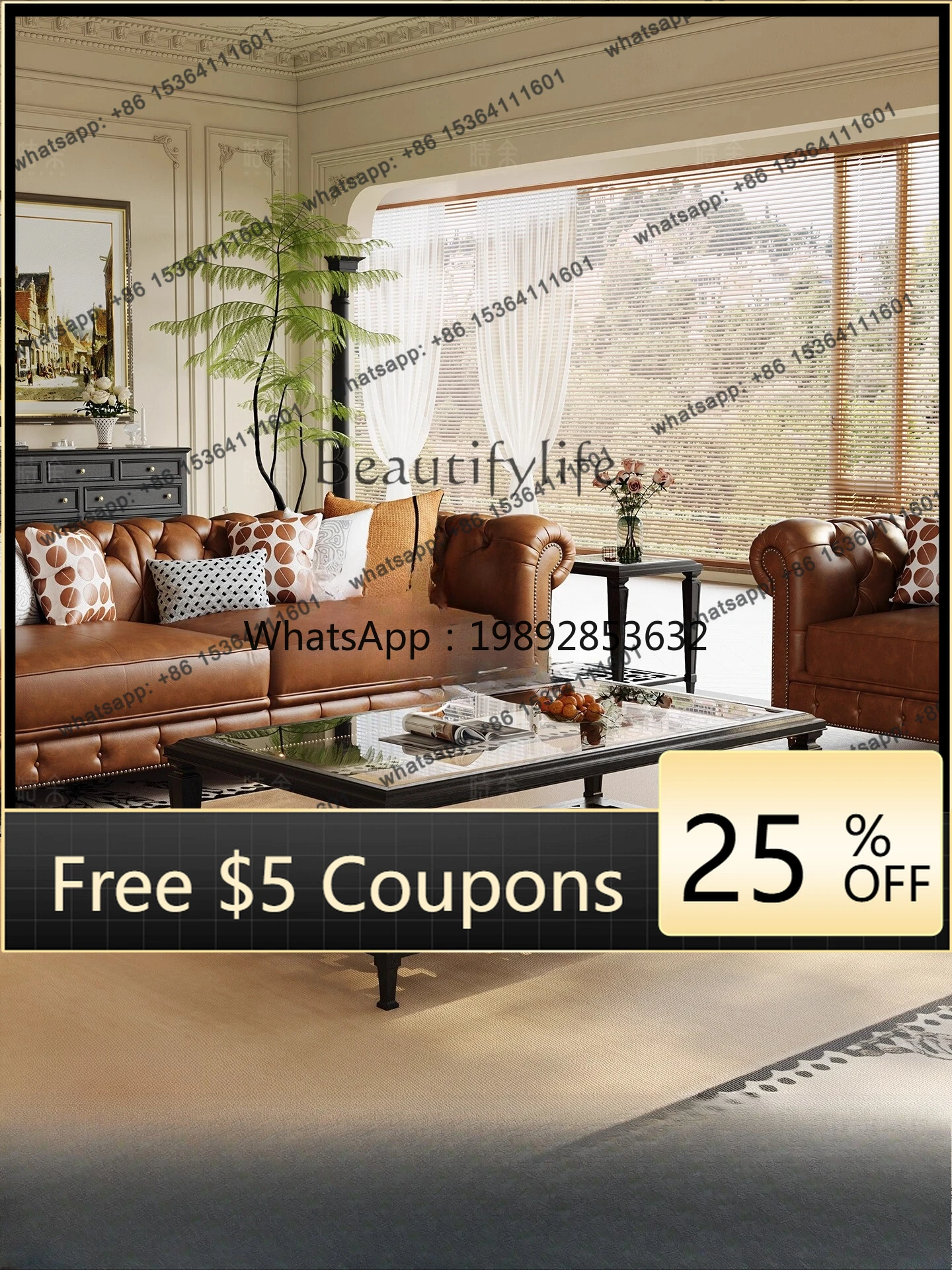 

W2 French solid wood coffee table living room retro glass coffee table combination