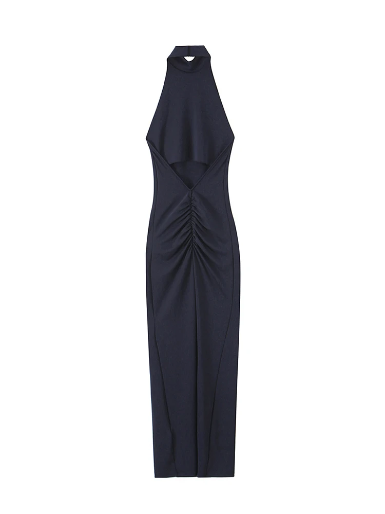 Trza moda feminina longo halter pescoço reunido vestido sem costas fluindo vestidos femininos mujer