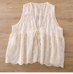 Women Sweet Embroider Vest Sleeveless Jacket Lace-up Cotton Lace Waistcoat Mori Kei Japan Style Lace Cardigan Mujer