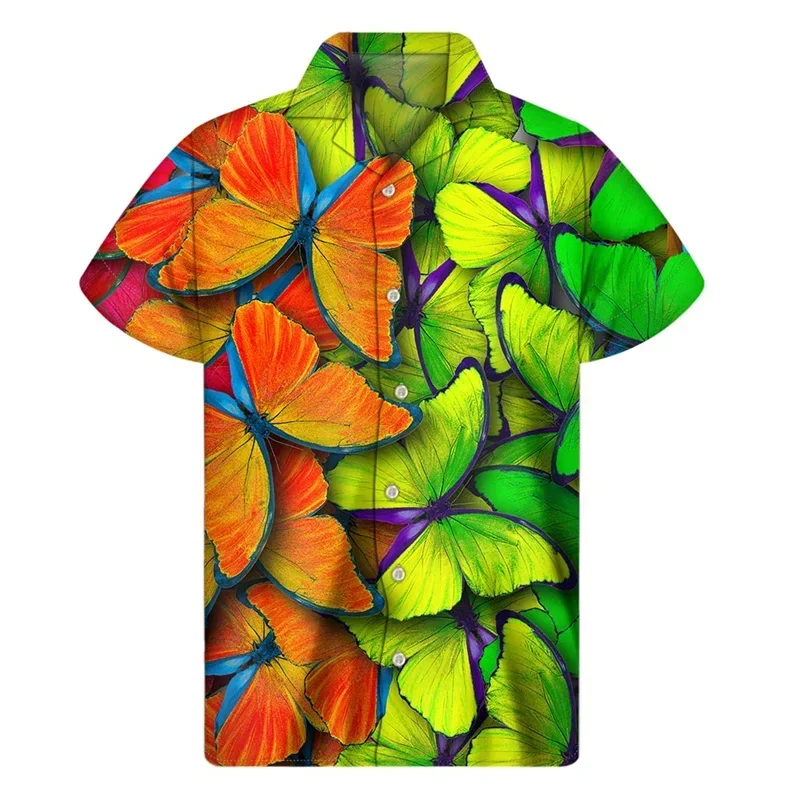 2024 Hawaii Color Butterfly Lapel Shirt Men's 3D Printed Insect Shirt Top Short Sleeve Harajuku Fashion Street Shirt Button Up S