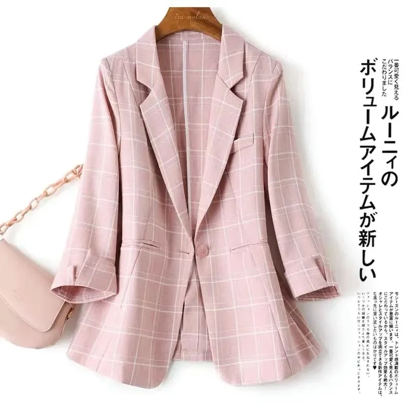 Women Blazer Plaid Coat 2024 New Summer Notched Collar Business Suits Work Office Ladies Suit Jacket Casual Vintage Blazers 4XL