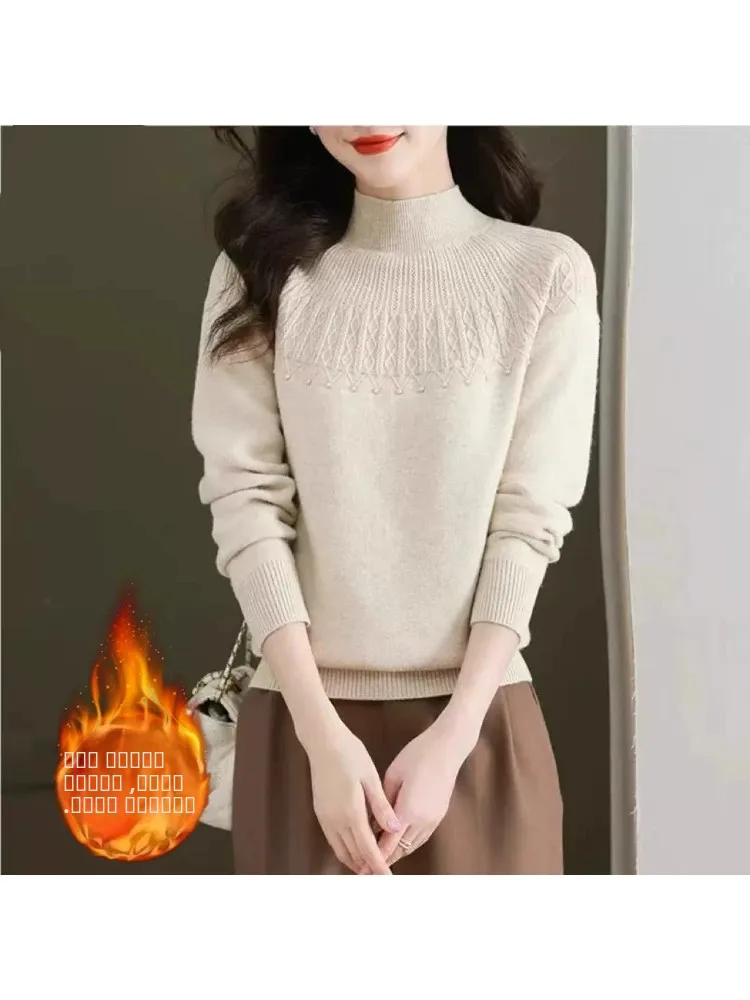 Suéter de Mujer con Cuello Medio Alto, For de Felpa, ueso, Ropa Interior, Estilo Nuevo de Otoño Invierno, Cseta Base...