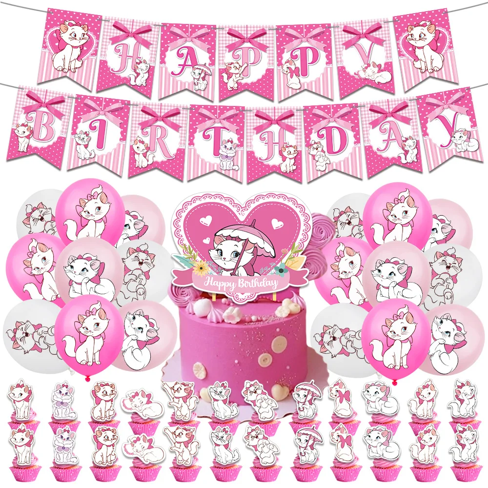 Decoraciones para fiesta de cumpleaños de gato Marie de Disney, pancarta rosa de feliz cumpleaños, adorno para tarta, suministros de decoración para fiesta con globos para niñas
