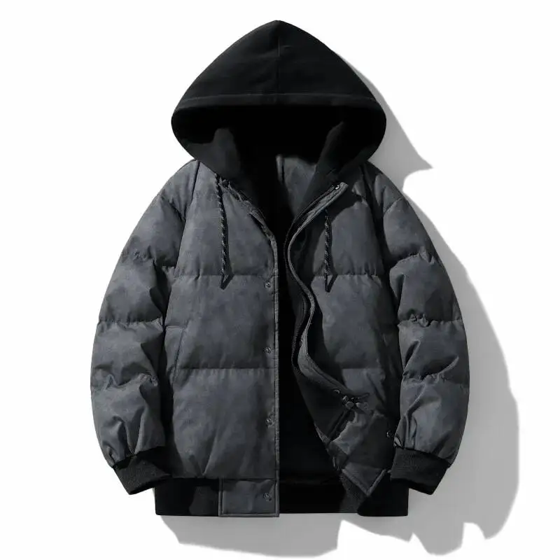 

Thickened Winter Cotton Jacket For Men Hooded Warmth Youth Fashion Anti-Cold Outerwear Casual Zipper Closure Solid Color