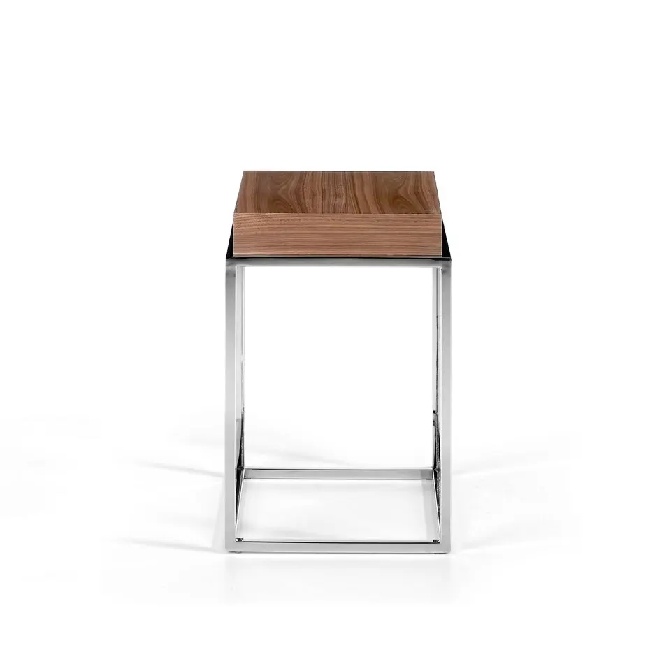 Corner Table 2051 Angel Cerdá-walnut-plated wooden corner table on chrome stainless steel structure.