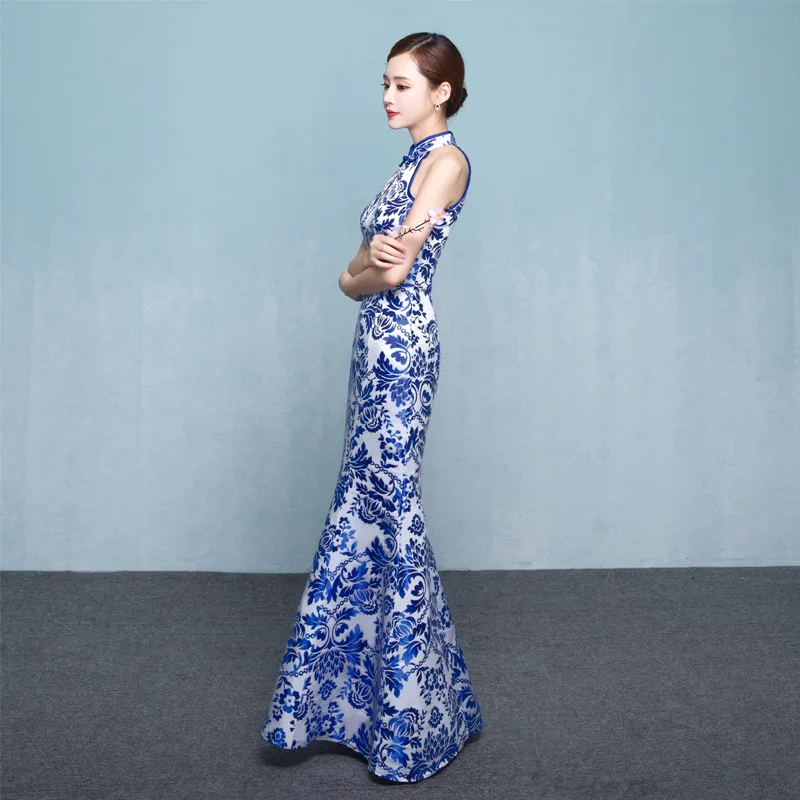 Ele Long 2025 Nowa Damska Sukienka Qipao Wiosenna Występowa Niebiesko-Biała Porcelana Rozmiar Plus Ele Qipao