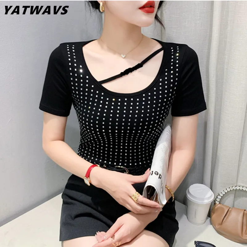 

New Summer European Clothes T-Shirts Female Sexy Shiny Hot Diamonds Slim Cotton Tops Fashion Women Short Sleeve Tees Blouse