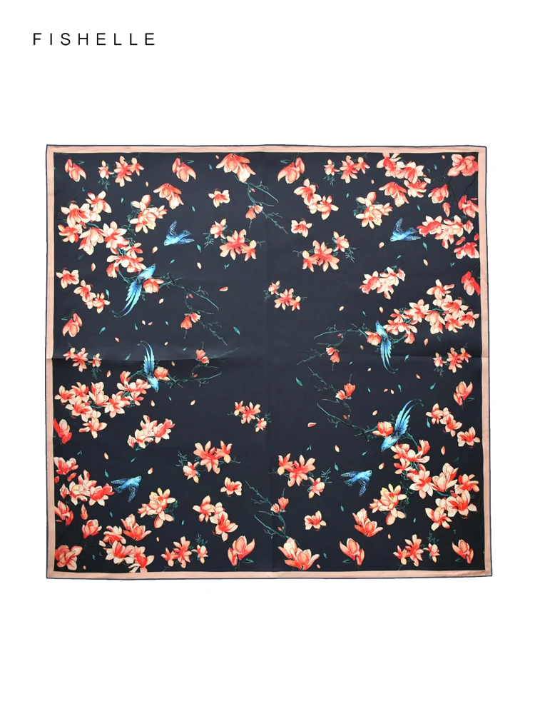 Chinese style Magnolia Flower Bird Printed Women Natural Silk Scarf Lady Luxury Gift Handkerchief Spring Autumn Female Hair Band