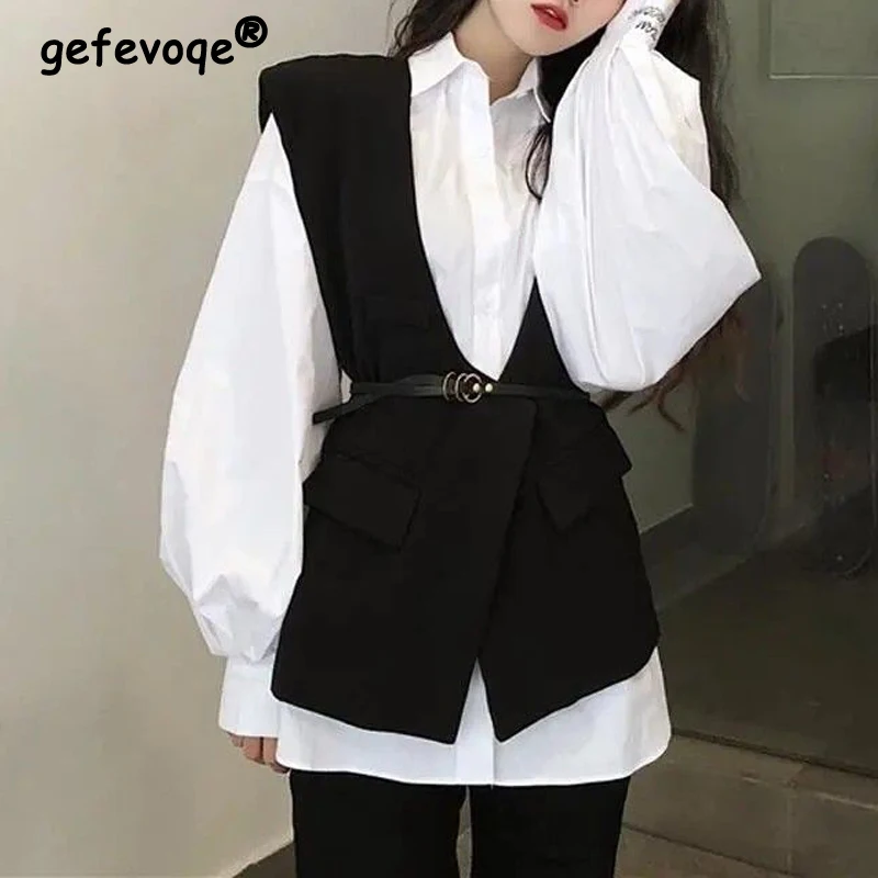 

2 Piece Sets Women Spring Autumn Vintage Elegant Chic Lace Up Blazer Vest Korean Fashion White Long Sleeve Button Shirts Outfits