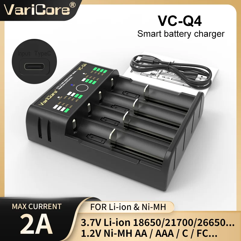 

Интеллектуальное зарядное устройство VariCore VC-Q4 для литий-ионных аккумуляторов 3,7 В (18650 21700 26650) и Ni-MH AA AAA 1,2 В с защитой от перезарядки