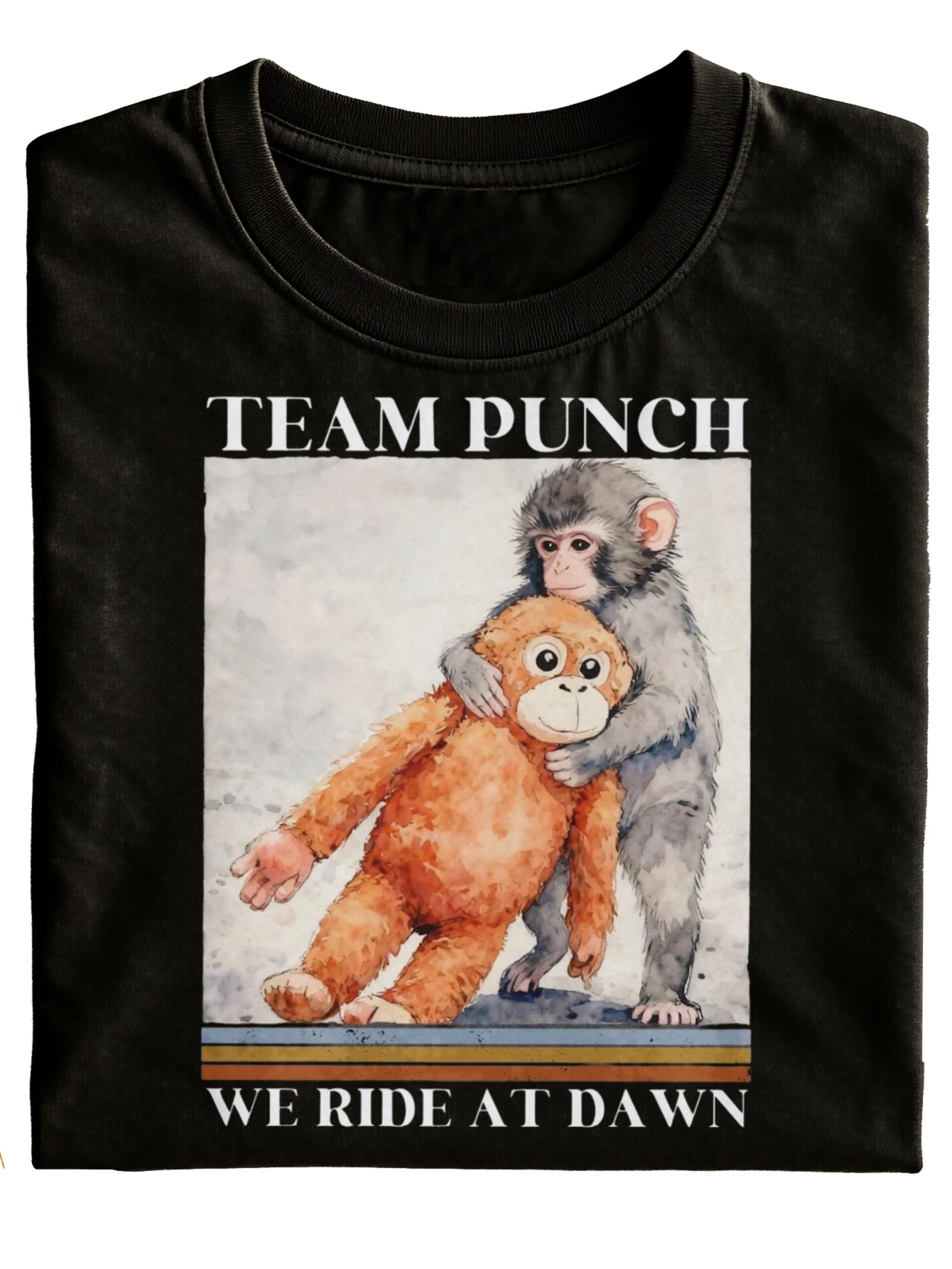 Team Punch New Style Humorous Neutral T-Shirt with Crew Neck in Black Featuring a Design of a Monkey Hugging a Teddy Bear, Perfect for Casual Everyday Use Or As a Holiday Gift. Made from, Plus Size