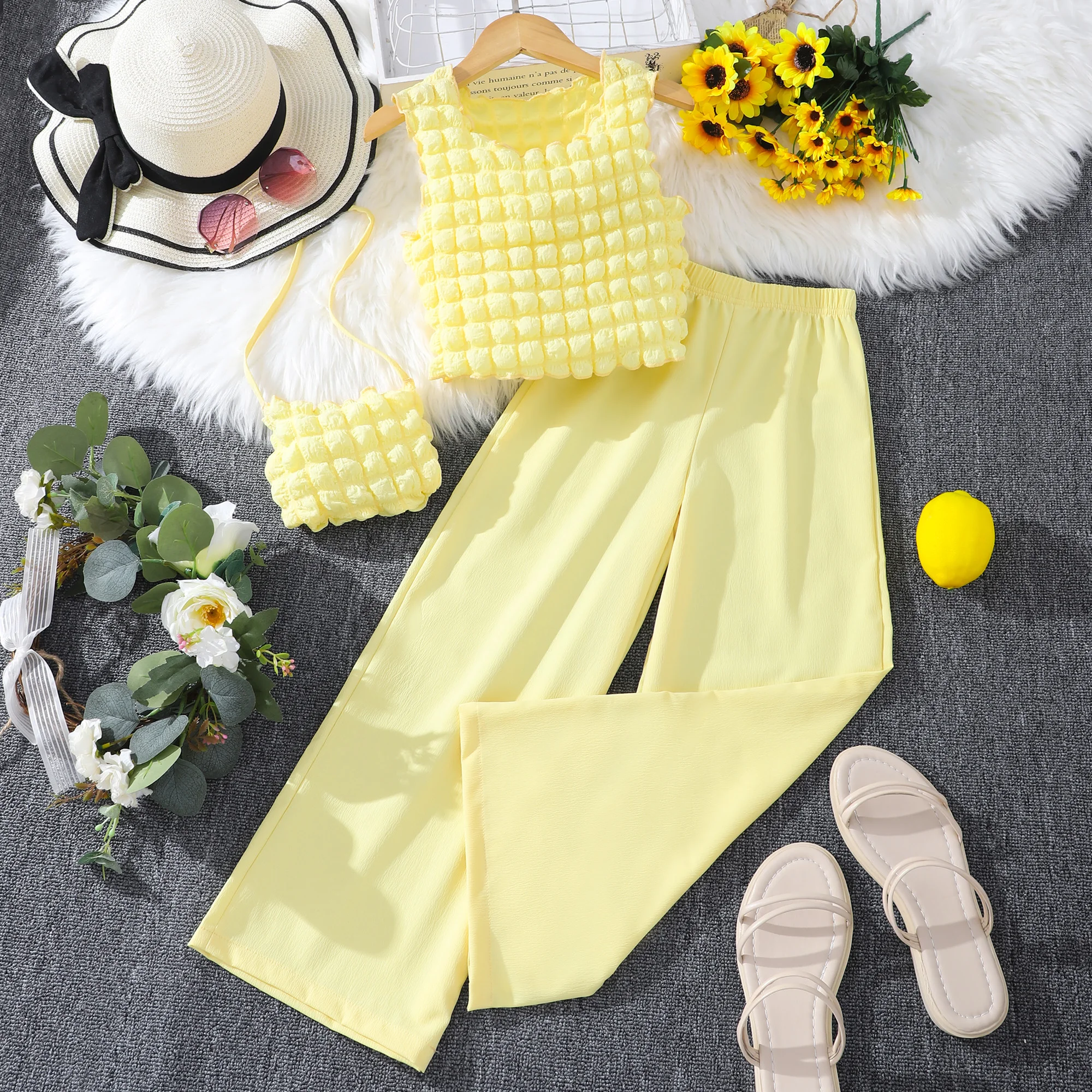 Girls Summer Clothes Beautiful Fashion Round Neck Sleeveless Solid Pants with Bag Set Clothing for Girls