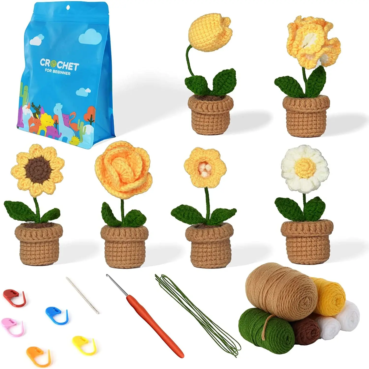 Crochet Kit for Beginners - 6PCS Potted Plants Crocheting Knitting Kit with Step-by-Step Tutorials DIY Craft