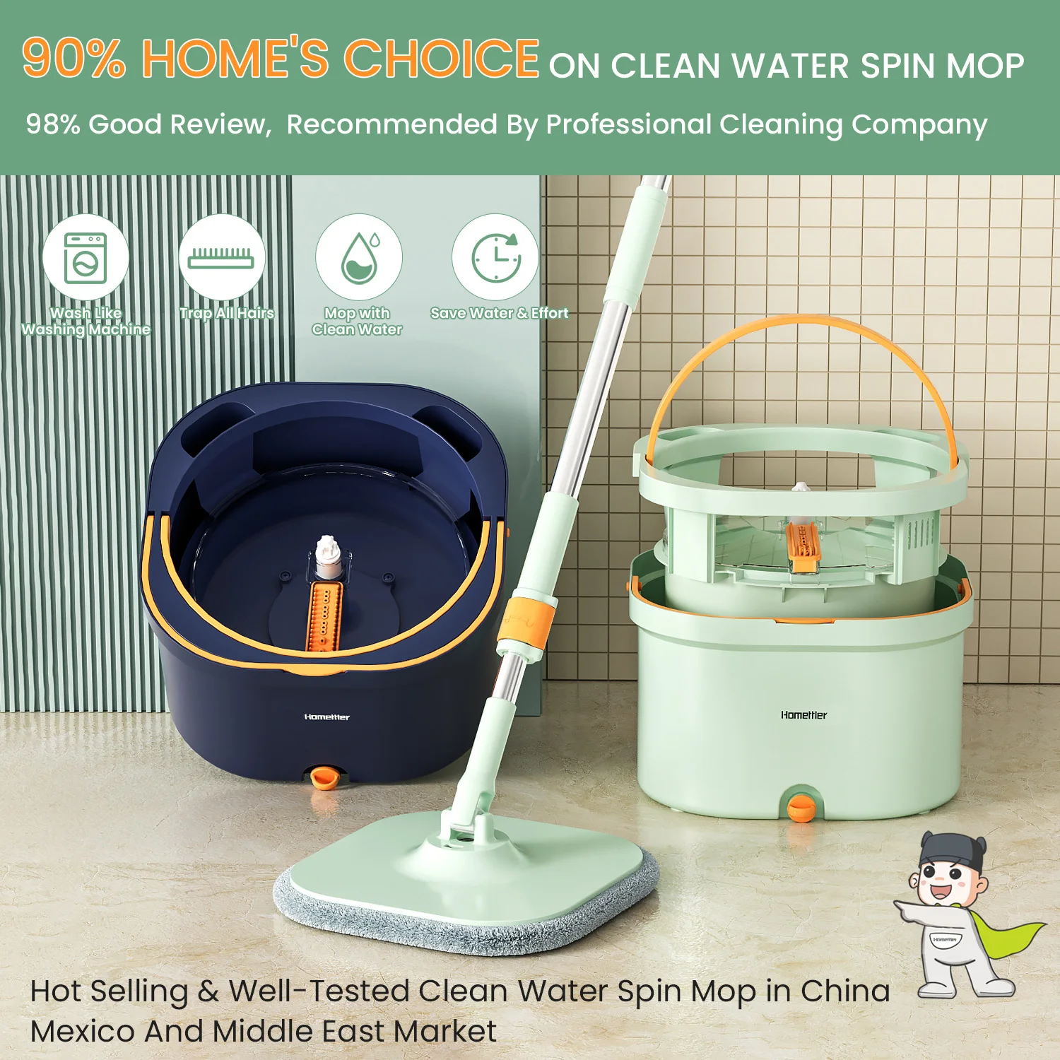 Large Spin Mop with Bucket Hand-free Washing Dirty Separation Rotating Squeeze Mop Triangular Window Cleaner Cleaning Tools