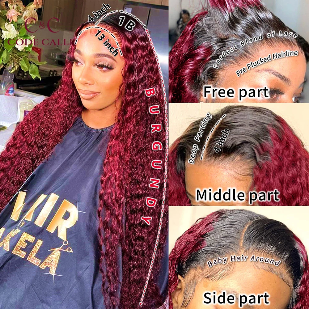 

32 Inch Burgundy Deep Wave Lace Front Wigs Human Hair Pre Plucked Wigs 13x4 1B/99J Curly for Women 1B Burgundy Human Hair Wig