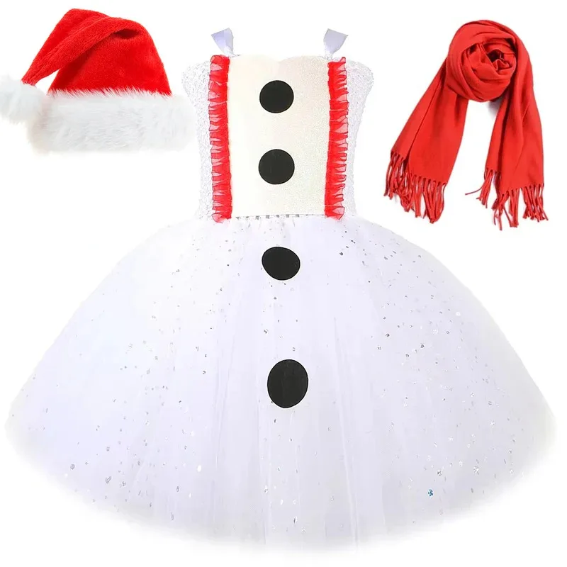 

Блестящие белые костюмы снеговика для девочек, рождественское платье-пачка со шляпой, шарфом, детский рождественский праздничный наряд, новогодняя одежда, подарки