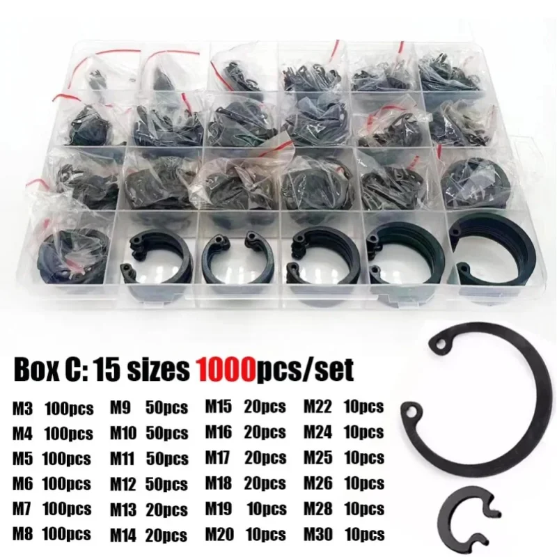 450/850/1000 Stück/Set M3-M30 GB893 Schwarz 65Mn Stahl C-Typ Innen-Sicherungsring Haltesicherungsring Schnappring für Loch Sortiment Kit Set