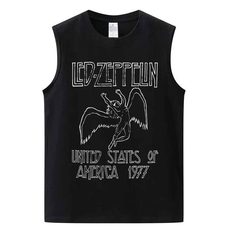 Pure Cotton Short Sleeve T-Shirt Led Zeppelin Band Print Punk Style Casual Top for Youth Spring Summer Breathable Tee