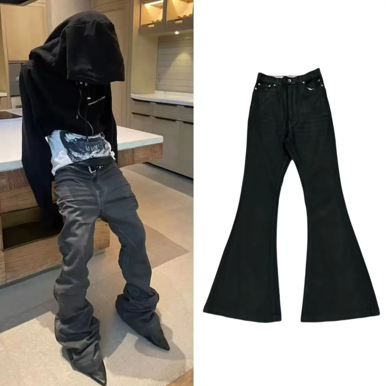 Rick RO distressed washed black and grey coating waxed pants high street slimming micro-flared piled-up denim pants