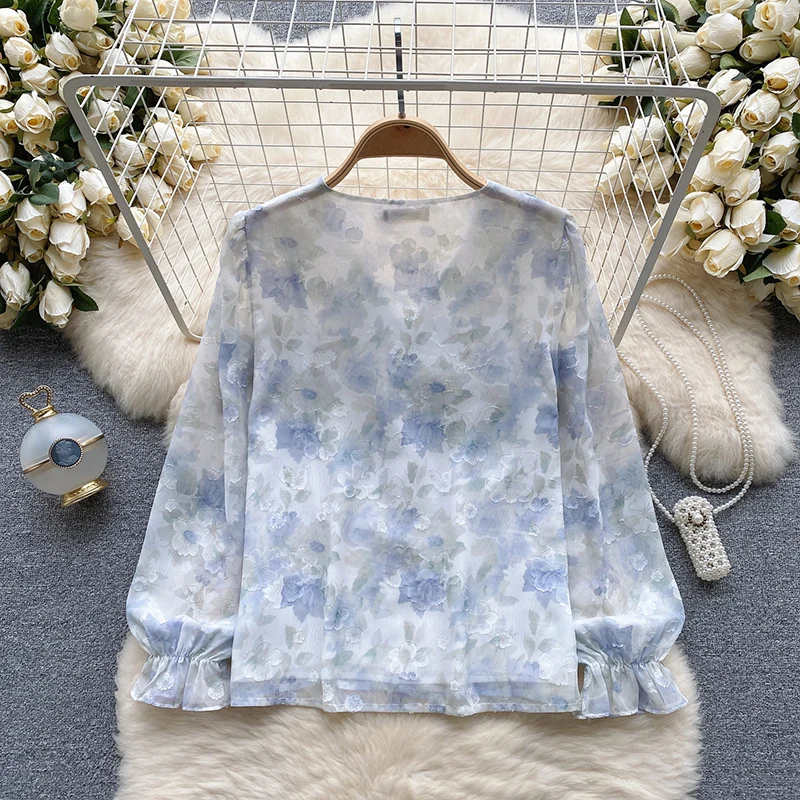 Flower Print Womens Tops And Blouses Casual Ruffles V Neck Long Petal Sleeve Chiffon Loose Female Tunic Bow Spring Pullover