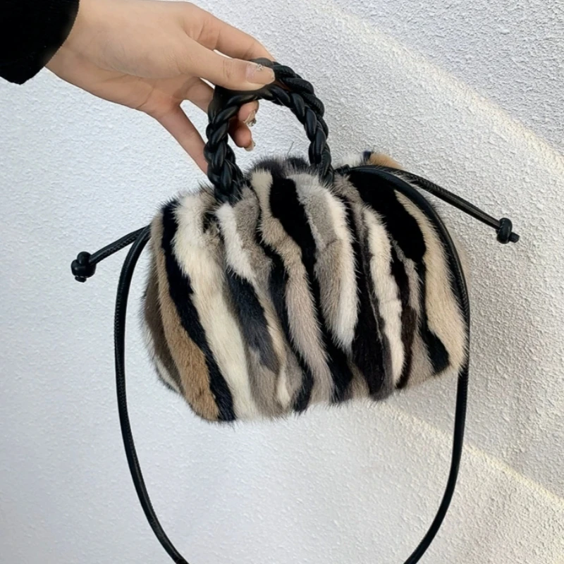 Winter High Quality Mink Fur Handbag 2025 Fashion Contrasting Stripes Pleated Women's Tote Bag Luxury Soft Warm Crossbody Bag