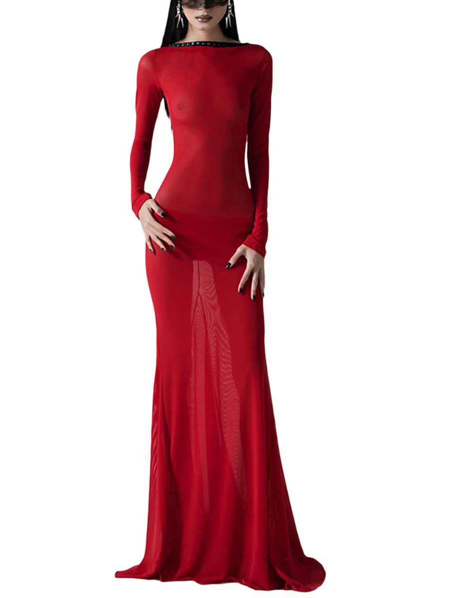 فستان نسائي طويل شفاف ، لون واحد ، فستان شبكي شفاف ، أكمام طويلة ، ربطة عنق متقاطعة ، عارية الذراعين ، حفلة مسائية