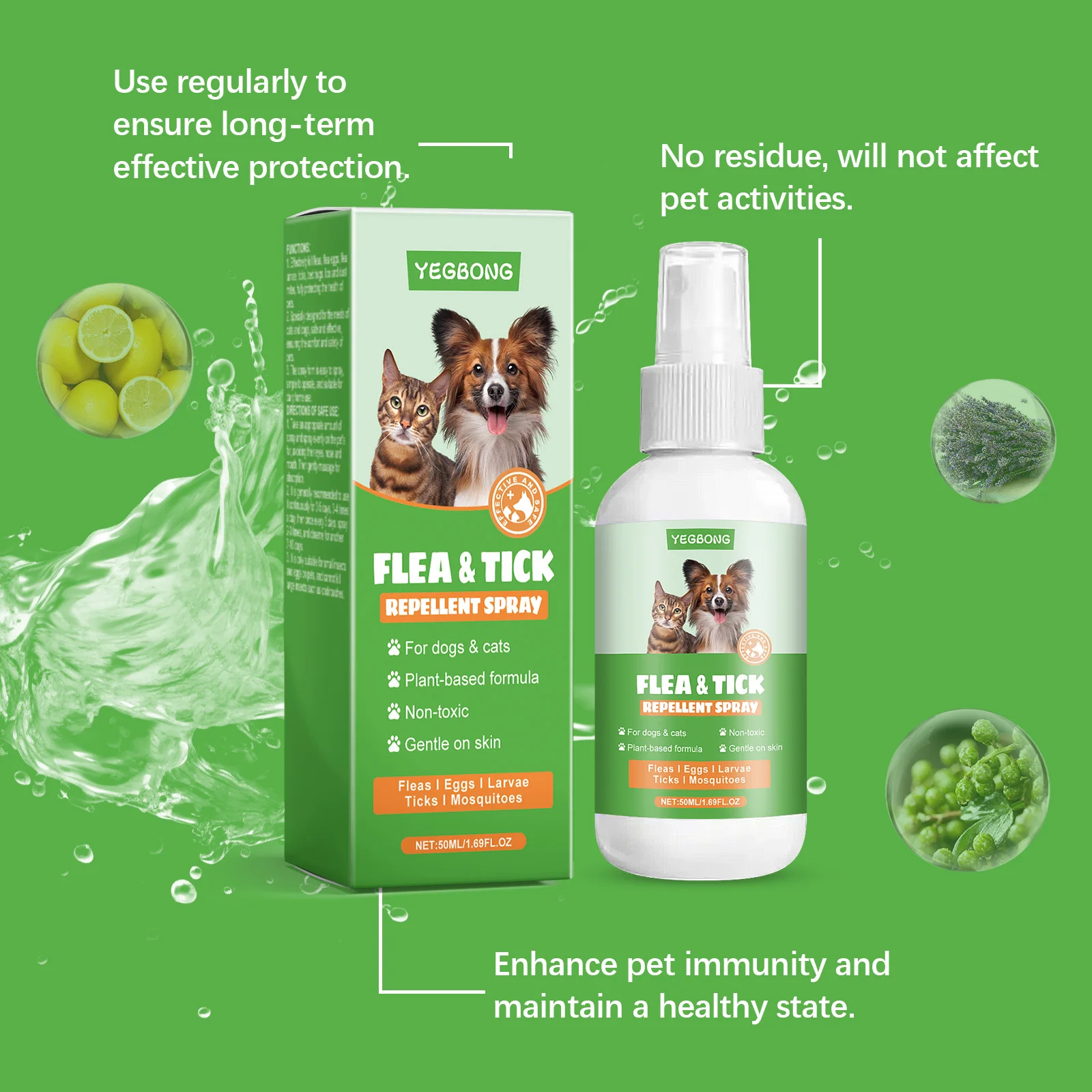 50ML Pet Flea & Tick Repellent Spray Gentle Cleaning Hair Dirt Mite & Mosquitoes Repellent Soothing Itching Pet Insect Repellent