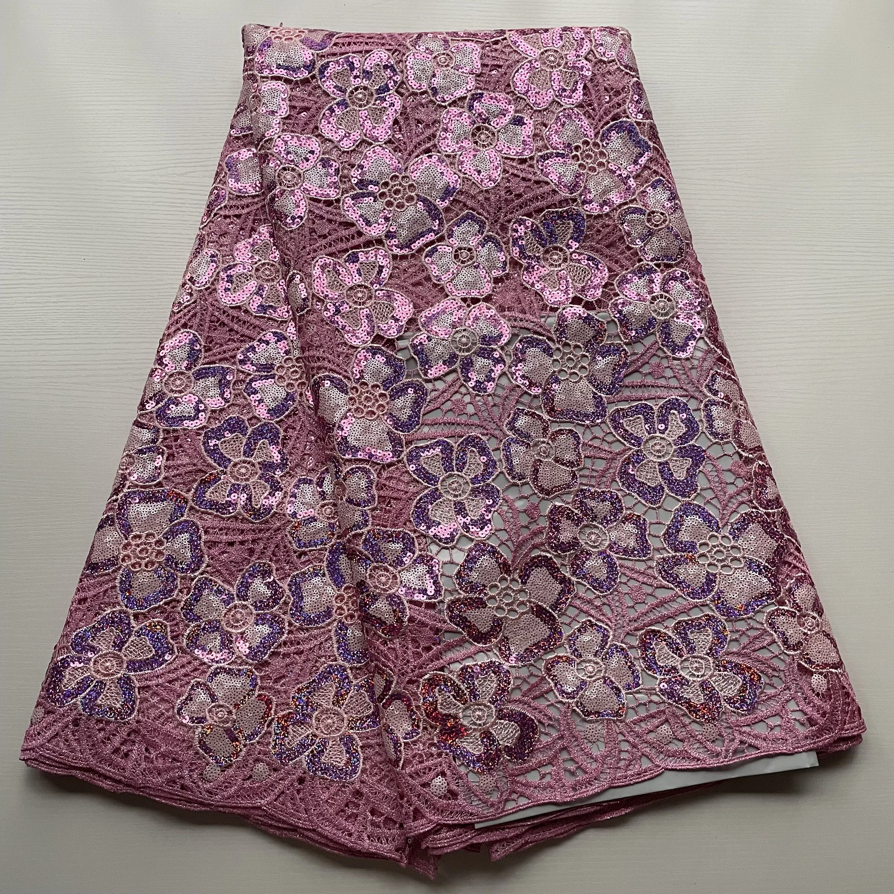Nigerian Sequins Lace Fabric, African Guipure Cord Lace Material, 5Yards, Matching Sego Headtie, Embroidery, Newest, 2Pcs