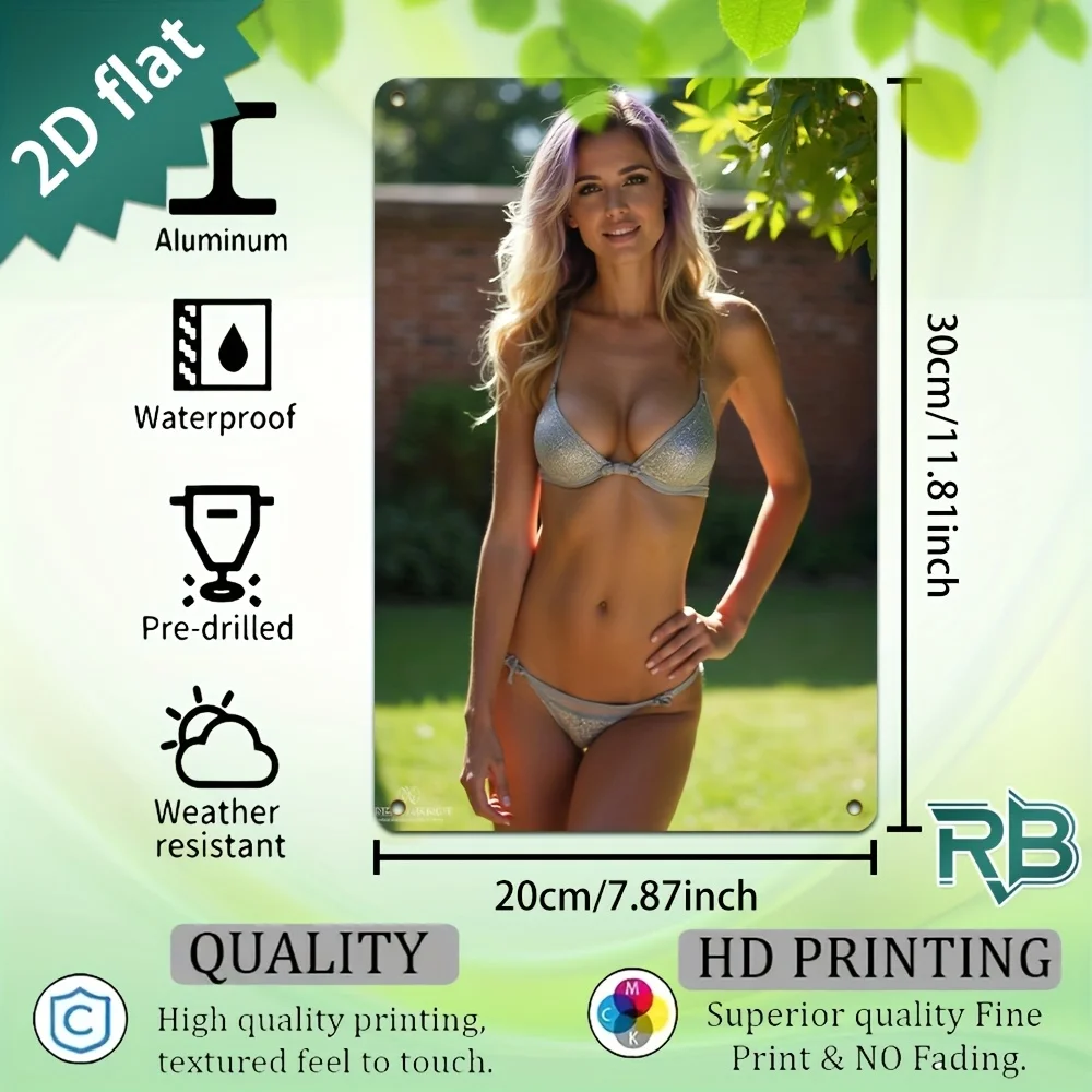 Glitter Silver Bikini Blonde Lady Backyard Vintage Metal Tin Sign, 2D Flat Summer Fashion Woman Wall Decor for Home Pub Garage