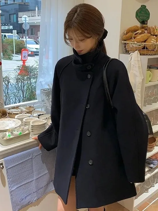 

Шерстяное пальто в стиле ретро Briti Sle, женское пальто с воротником-стойкой и одной пуговицей, универсальная верхняя одежда, зимняя модная женская одежда