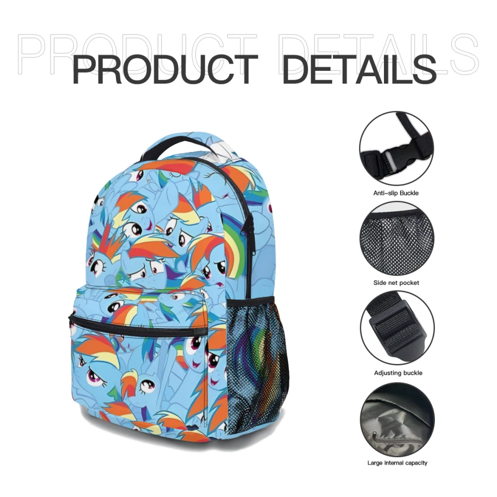 Mochila Rainbow Dash, grande capacidade, bolsa de livros na moda, multi bolsos, ajustável de 17 ", nova, elegante