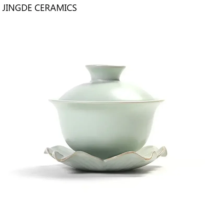 Chinese Style Ru Kiln Sancai Gaiwan Ice Crack Glaze Ceramic Tea Infuser Customize Tea Bowl Porcelain Cup with Lid Teacup