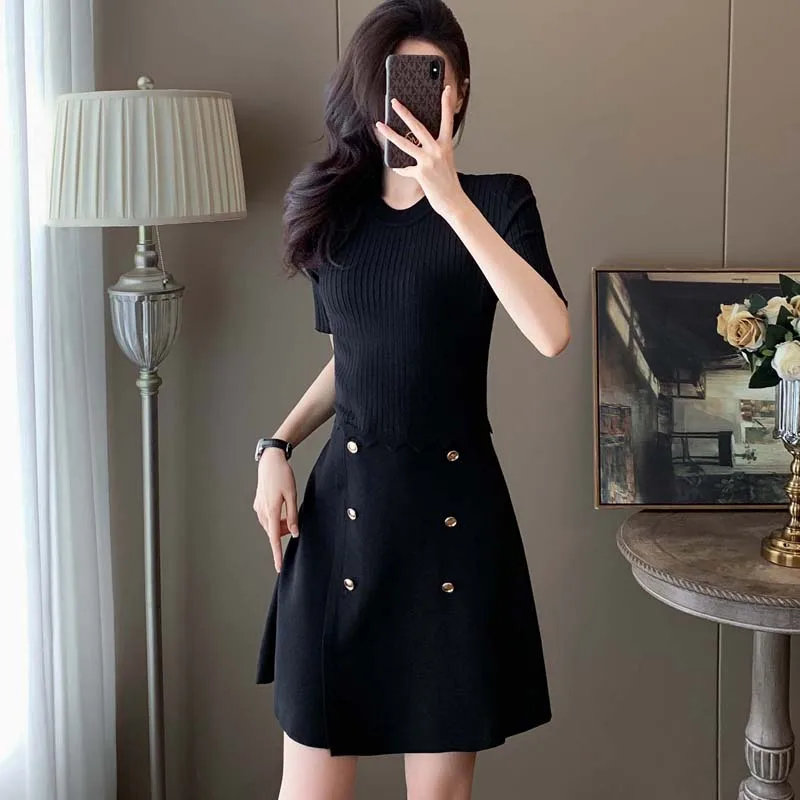 

Women Fashion Buttons Short Sleeved Knit Mini Dress 2025 New Summer Elegant O-Neck Female Casual A-Line Dress Vintage Clothing