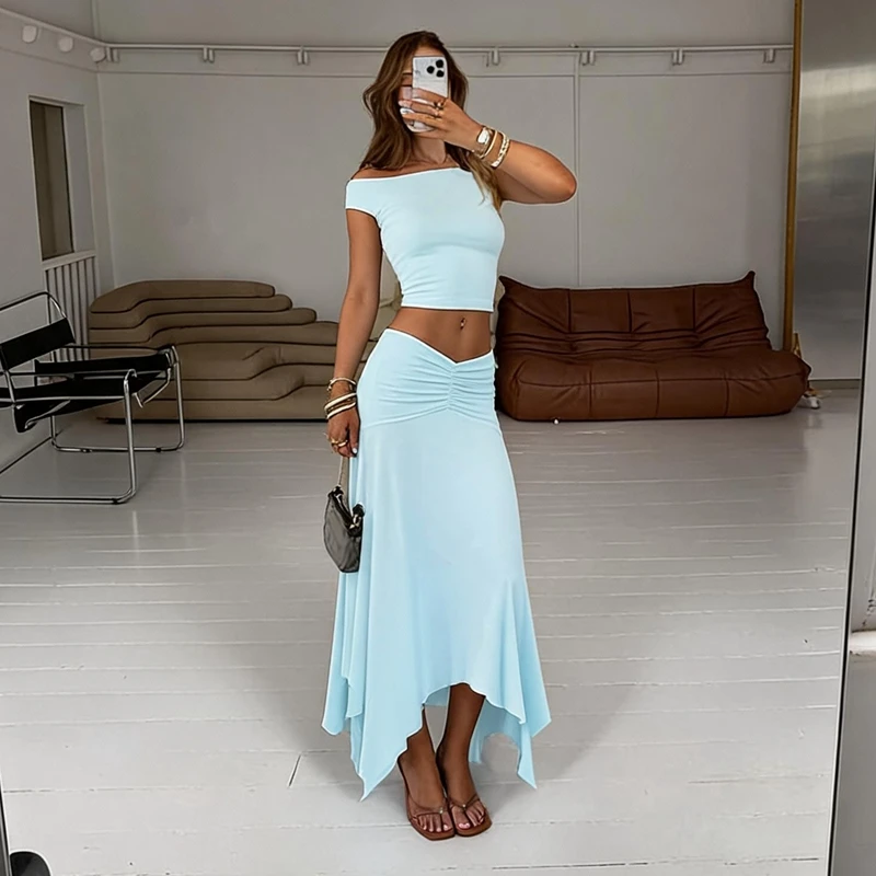 Hugcitar Damenmode 2-teiliges Set, schulterfreies, einfarbiges, sexy Crop-Top, plissierter Maxirock, unregelmäßiges Outfit, Strandurlaub, Y2K – Detail 17