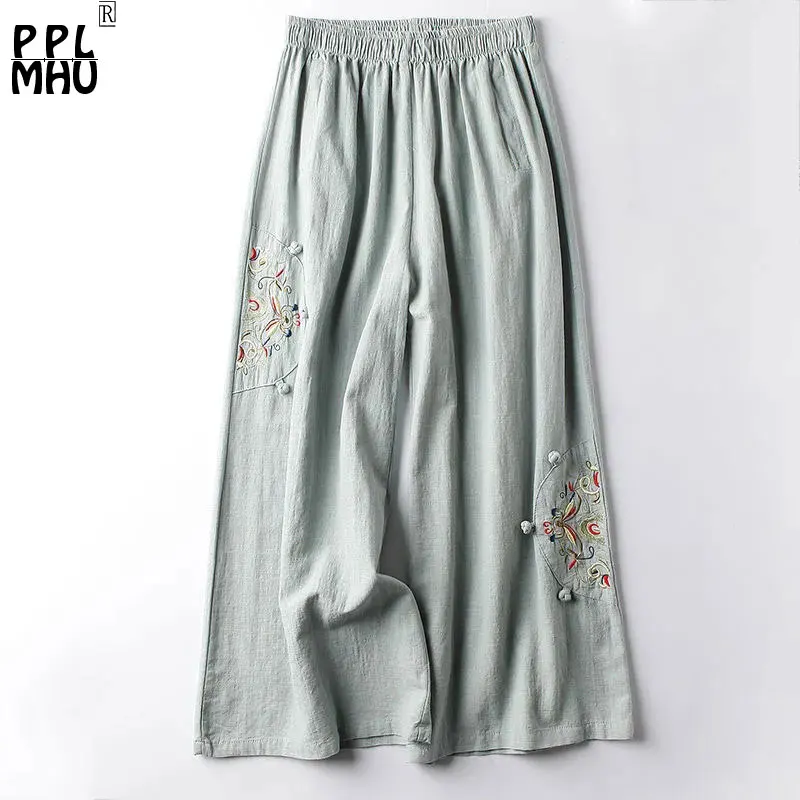 

Oversize 6xl Wide Leg Pants Women's Cotton And Linen Thin Summer Pantalones Mother Baggy Pant Embroidery Retro Straight Trousers